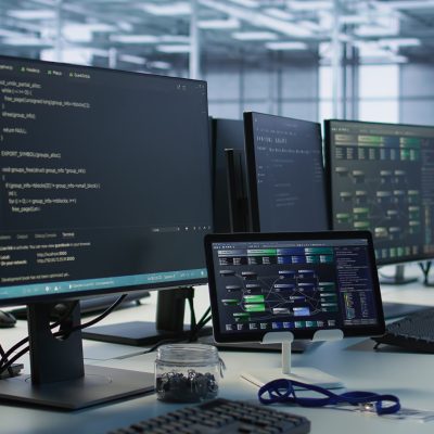 Data center facility employing deep learning technology to maintain company network infrastructure. Neural networks tech used in server room to ensure optimal system performance, handheld camera shot