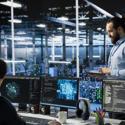 System administrators monitoring AI LLM visualization in data center with server racks rows. IT specialists oversee mainframes powering deep learning in server hub built for digital storage systems